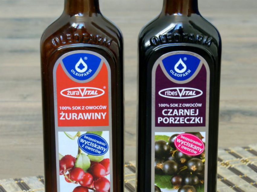 Naturalne soki Oleofarm z owoców żurawiny i czarnej porzeczki Naturalne soki Oleofarm z owoców żurawiny i czarnej porzeczki