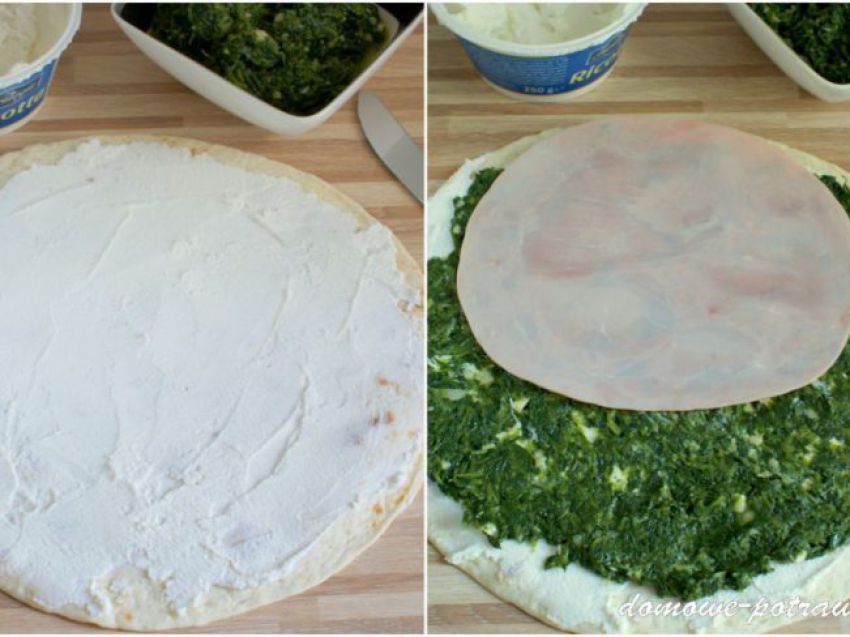 Mini tortille ze szpinakiem, szynką i ricottą Mini tortille ze szpinakiem, szynką i ricottą